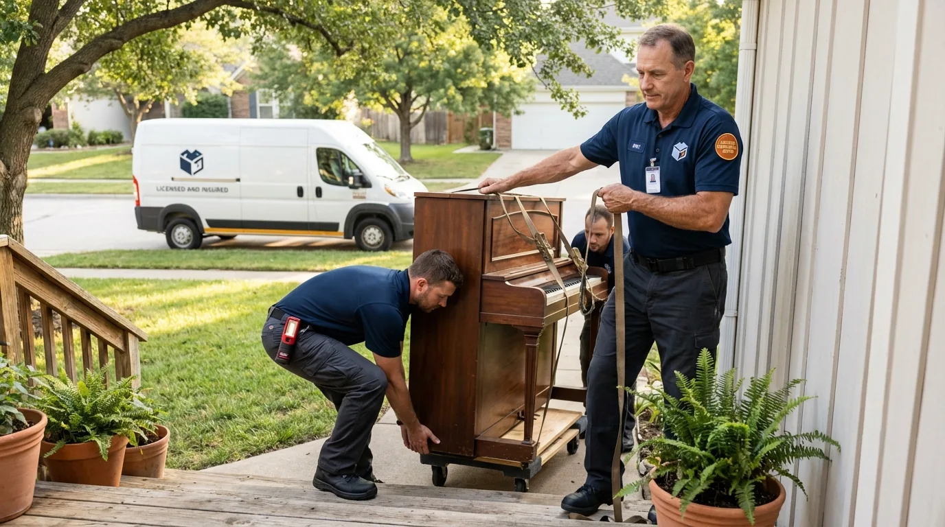 Licensed piano movers securing grand piano in Williamstown, NJ