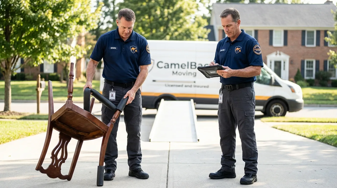 Movers inspecting furniture for damage prevention before loading in Williamstown, NJ