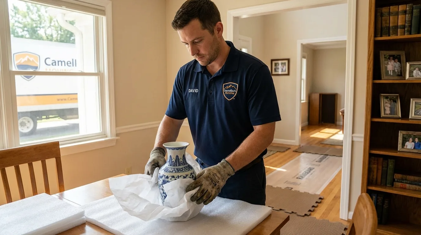Professional crew carefully wrapping antique vase for senior downsizing move in Williamstown, NJ